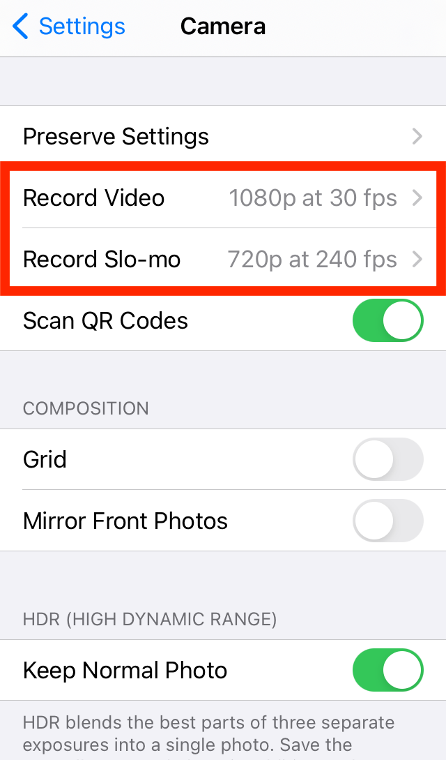 Screenshot of iPhone Camera Settings