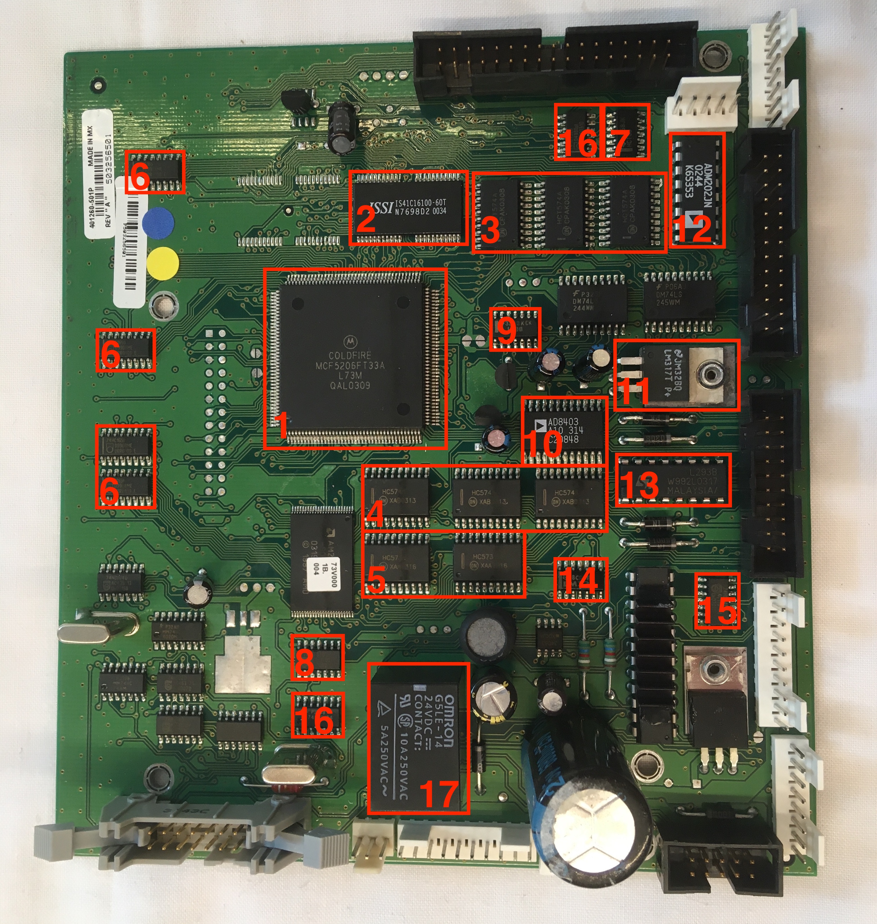 Large Green PCB with Many ICs and Wire Connector Slots