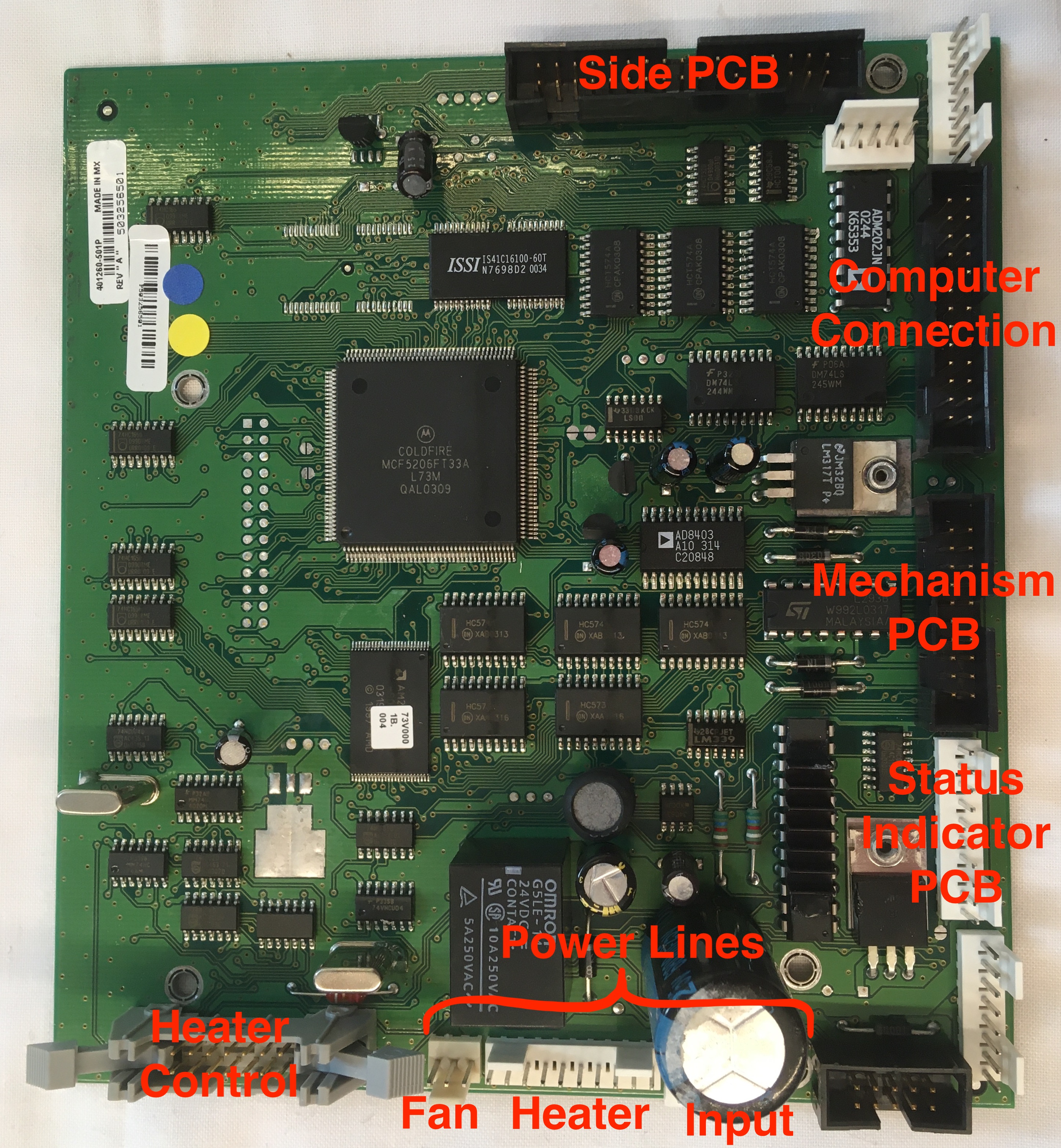 Large Green PCB with Many ICs and Wire Connector Slots