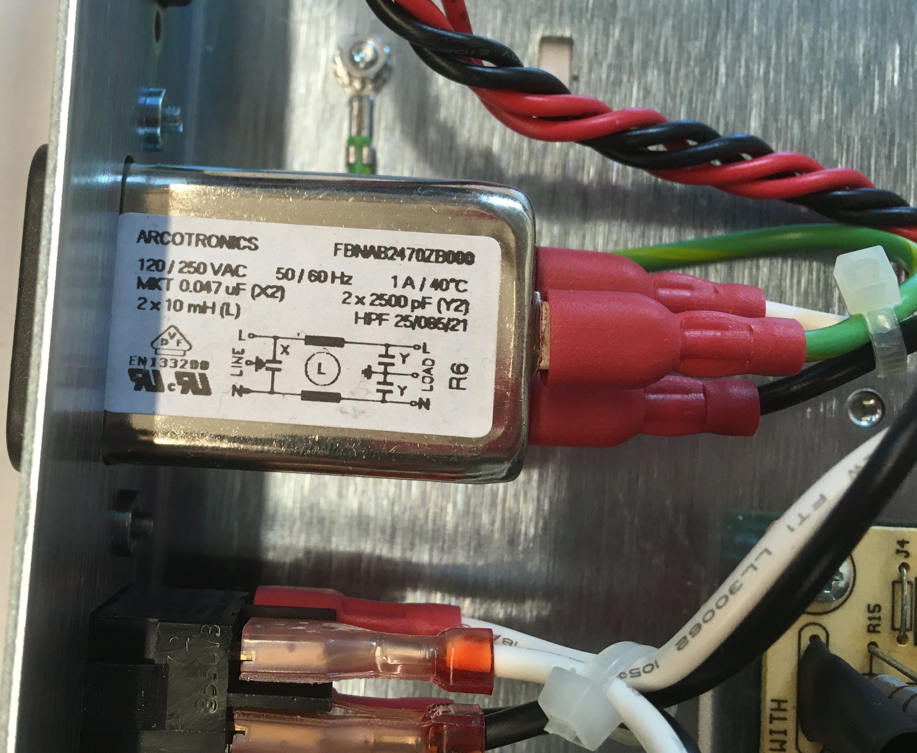 Three Line AC Power Entry with Ground Wire Mounted to Metal Base Plate