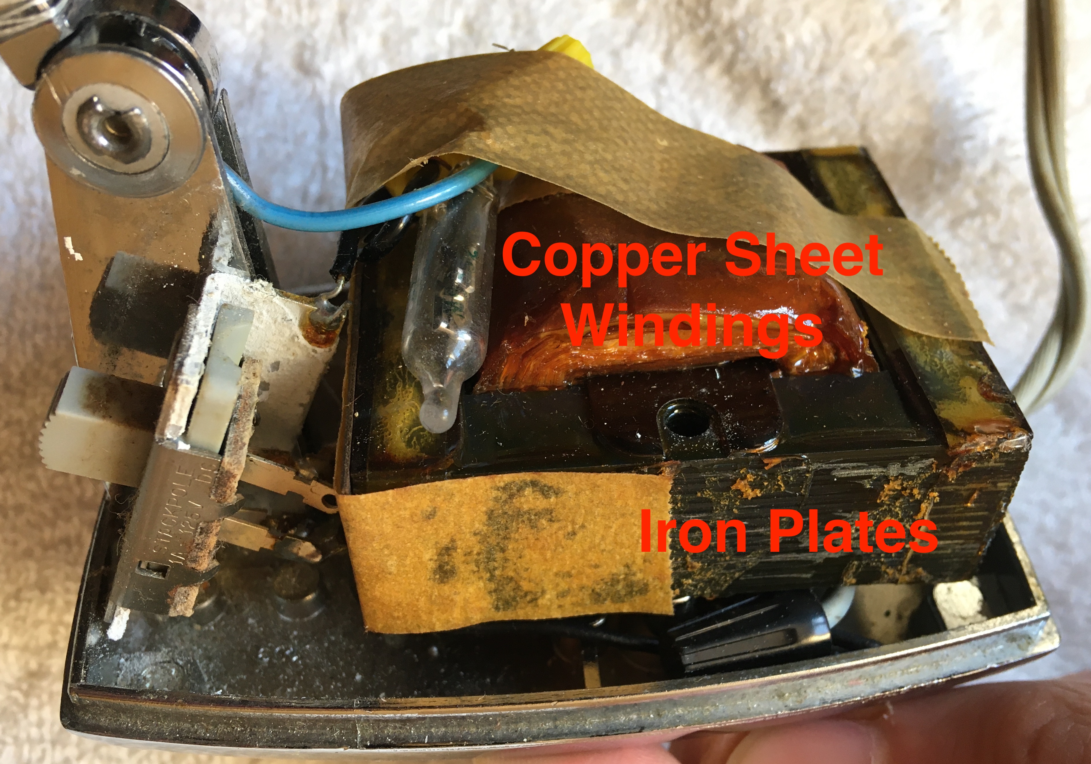 Closeup of Transformer Showing Copper Sheet Windings and Iron Plates