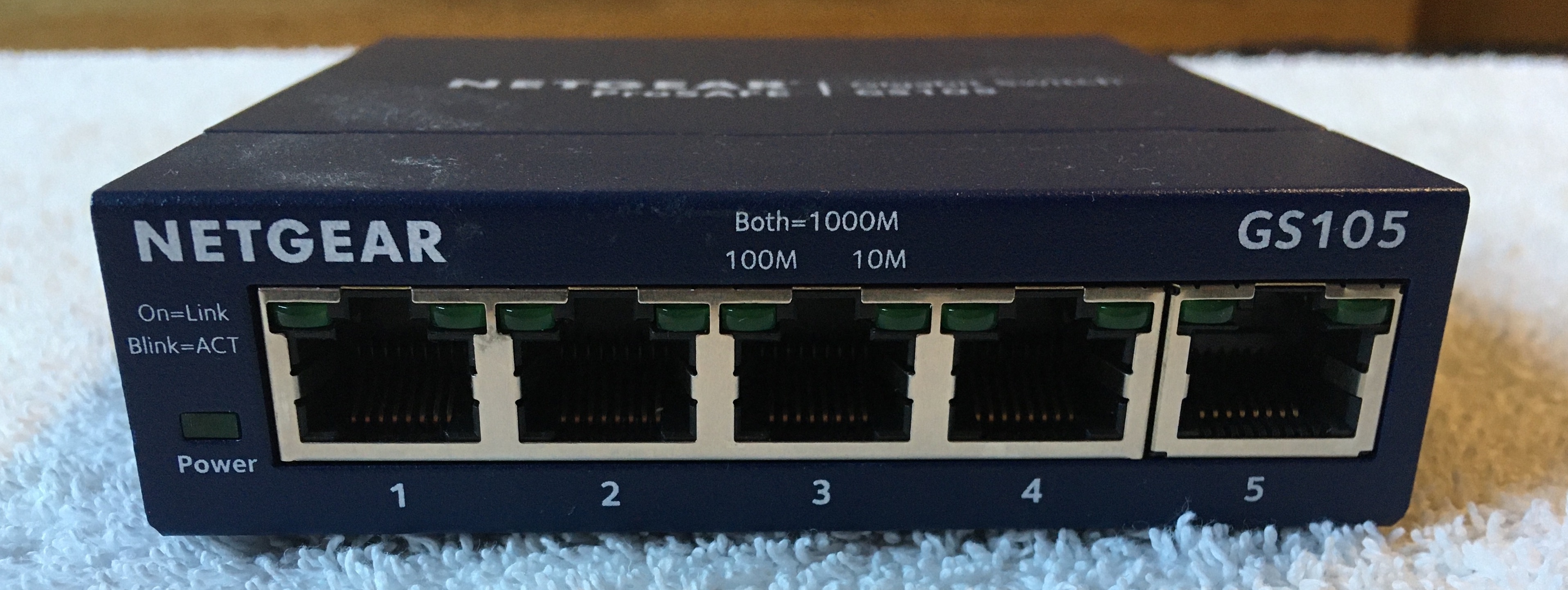 Five Ethernet Ports and Power LED Protruding from Blue Box